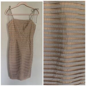 Betsey Johnson | Vintage Cotton Tan Gingham Stripe Midi Dress Tie Shoulders 6